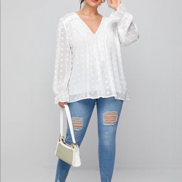 Boho Plus Size Swiss Dot Sheer Mesh Flounce Sleeve Top Blouse - Picture 5 of 5